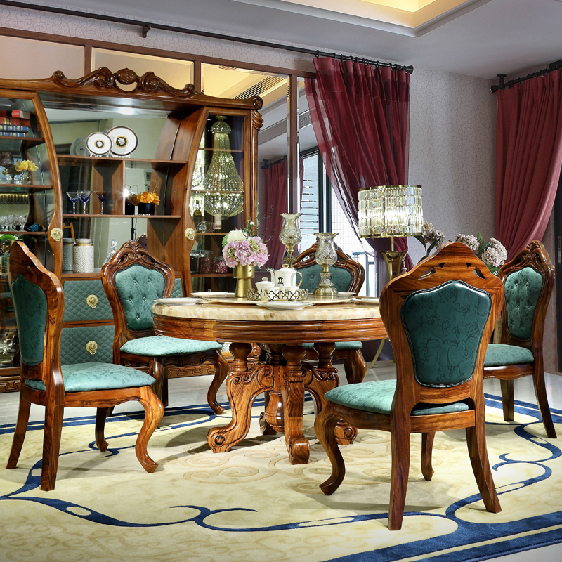 欧式乌金木大理石餐桌椅圆形转盘别墅餐桌椅家用一桌四六椅饭桌